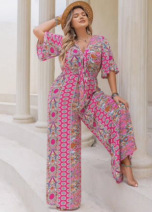 Plus Size Printed Half Sleeve Wide Leg Jumpsuit - MimiStylez