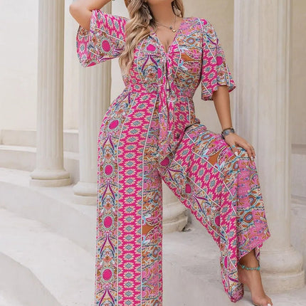 Plus Size Printed Half Sleeve Wide Leg Jumpsuit - MimiStylez