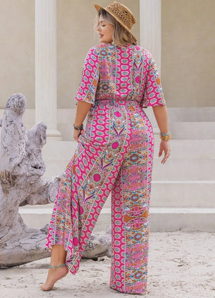 Plus Size Printed Half Sleeve Wide Leg Jumpsuit - MimiStylez