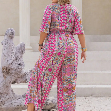 Plus Size Printed Half Sleeve Wide Leg Jumpsuit - MimiStylez