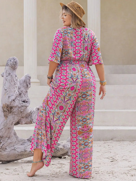 Plus Size Printed Half Sleeve Wide Leg Jumpsuit - MimiStylez