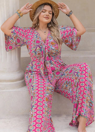 Plus Size Printed Half Sleeve Wide Leg Jumpsuit - MimiStylez