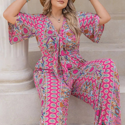 Plus Size Printed Half Sleeve Wide Leg Jumpsuit - MimiStylez