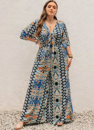 Plus Size Printed Half Sleeve Wide Leg Jumpsuit - MimiStylez