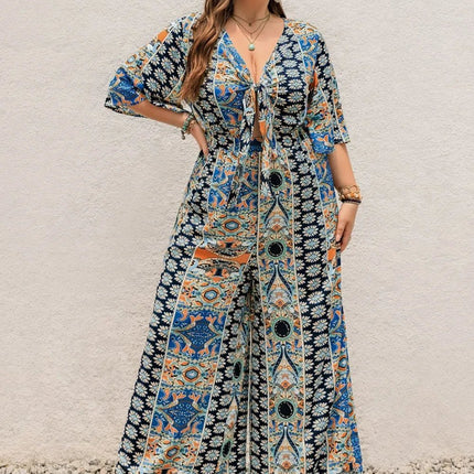 Plus Size Printed Half Sleeve Wide Leg Jumpsuit - MimiStylez
