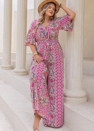 Plus Size Printed Half Sleeve Wide Leg Jumpsuit - MimiStylez