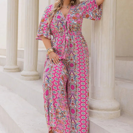 Plus Size Printed Half Sleeve Wide Leg Jumpsuit - MimiStylez