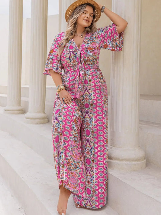Plus Size Printed Half Sleeve Wide Leg Jumpsuit - MimiStylez