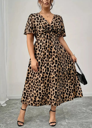 Plus Size Twisted Front Leopard Short Sleeve Dress - MimiStylez