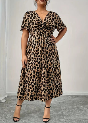 Plus Size Twisted Front Leopard Short Sleeve Dress - MimiStylez