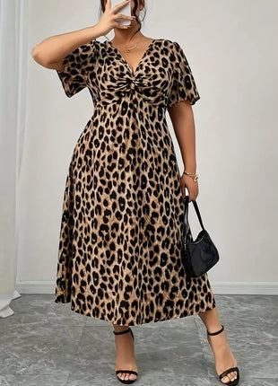 Plus Size Twisted Front Leopard Short Sleeve Dress - MimiStylez