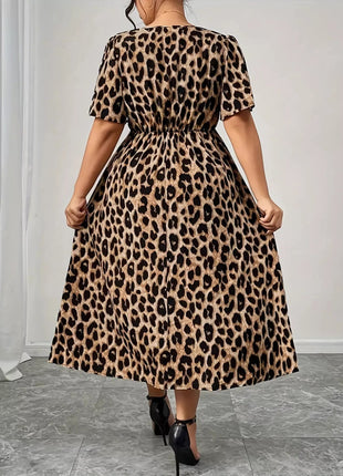 Plus Size Twisted Front Leopard Short Sleeve Dress - MimiStylez