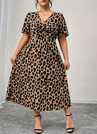 Plus Size Twisted Front Leopard Short Sleeve Dress - MimiStylez