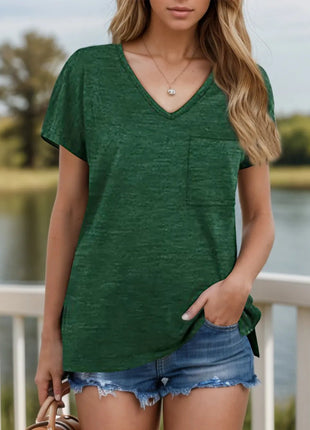 Pocketed Heathered V - Neck Short Sleeve T-Shirt - MimiStylez