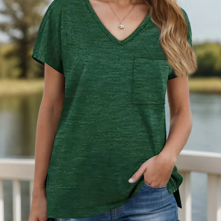 Pocketed Heathered V - Neck Short Sleeve T-Shirt - MimiStylez