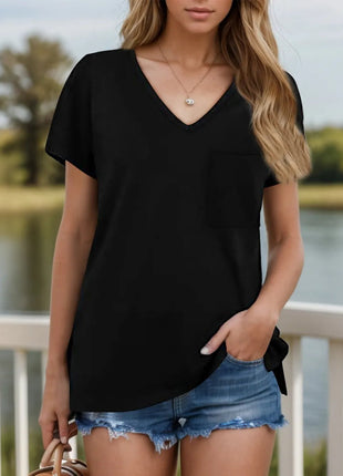 Pocketed Heathered V - Neck Short Sleeve T-Shirt - MimiStylez