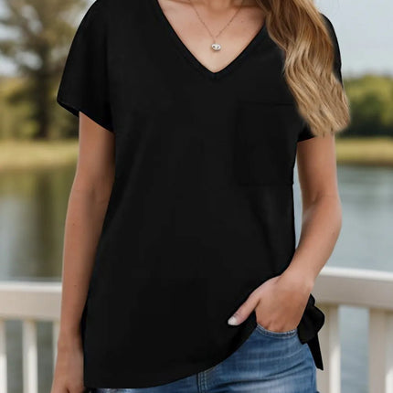 Pocketed Heathered V - Neck Short Sleeve T-Shirt - MimiStylez