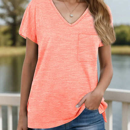 Pocketed Heathered V - Neck Short Sleeve T-Shirt - MimiStylez