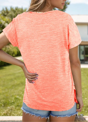 Pocketed Heathered V - Neck Short Sleeve T-Shirt - MimiStylez