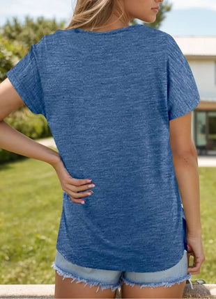 Pocketed Heathered V - Neck Short Sleeve T-Shirt - MimiStylez