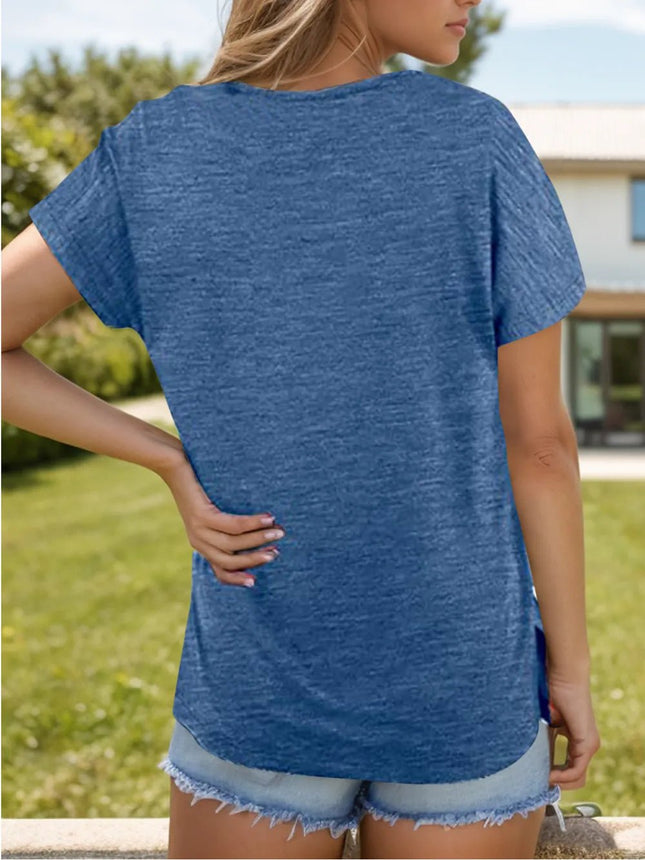 Pocketed Heathered V - Neck Short Sleeve T-Shirt - MimiStylez