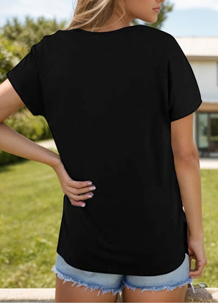 Pocketed Heathered V - Neck Short Sleeve T-Shirt - MimiStylez