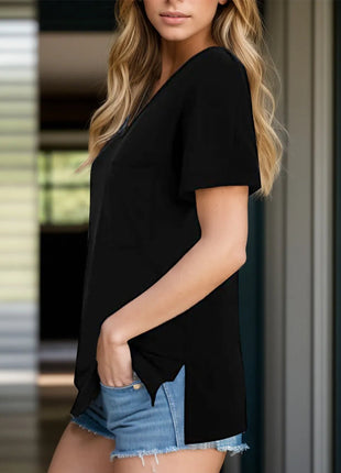 Pocketed Heathered V - Neck Short Sleeve T-Shirt - MimiStylez