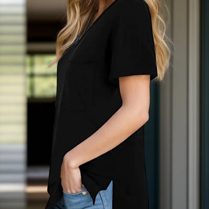 Pocketed Heathered V - Neck Short Sleeve T-Shirt - MimiStylez