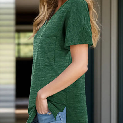 Pocketed Heathered V - Neck Short Sleeve T-Shirt - MimiStylez