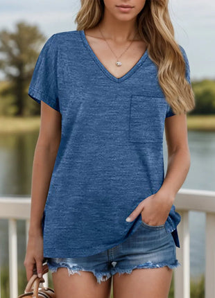 Pocketed Heathered V - Neck Short Sleeve T-Shirt - MimiStylez