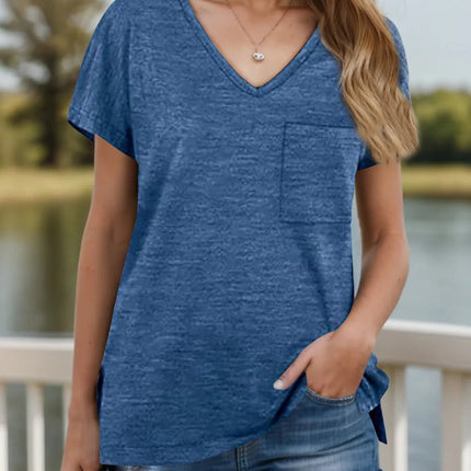 Pocketed Heathered V - Neck Short Sleeve T-Shirt - MimiStylez