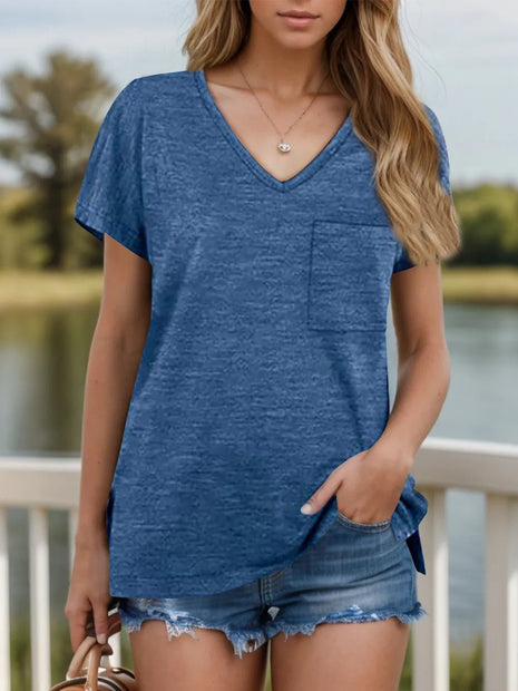 Pocketed Heathered V - Neck Short Sleeve T-Shirt - MimiStylez