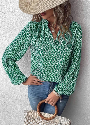 Printed Notched Long Sleeve Blouse - MimiStylez