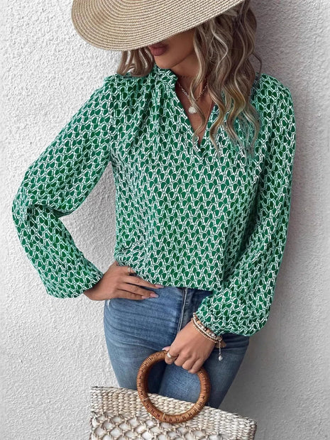Printed Notched Long Sleeve Blouse - MimiStylez