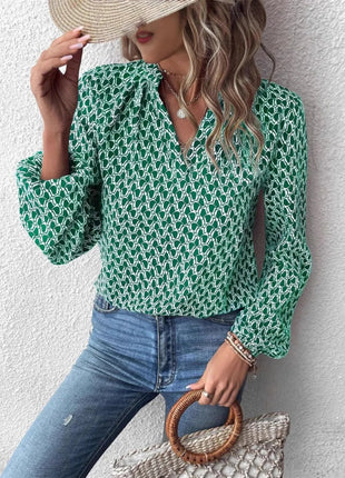 Printed Notched Long Sleeve Blouse - MimiStylez