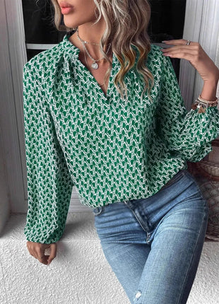 Printed Notched Long Sleeve Blouse - MimiStylez