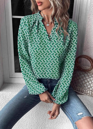 Printed Notched Long Sleeve Blouse - MimiStylez