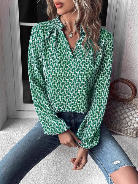 Printed Notched Long Sleeve Blouse - MimiStylez