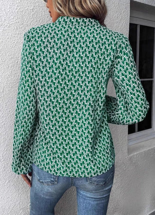 Printed Notched Long Sleeve Blouse - MimiStylez