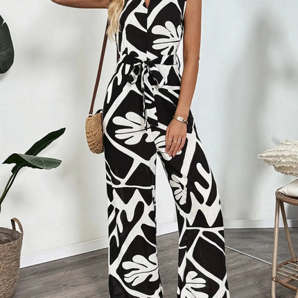 Printed Sleeveless Wide Leg Jumpsuit - MimiStylez