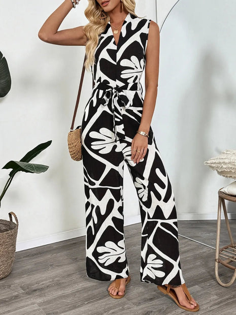 Printed Sleeveless Wide Leg Jumpsuit - MimiStylez