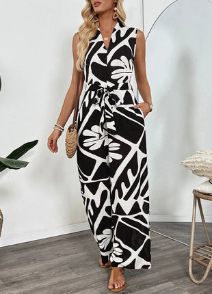 Printed Sleeveless Wide Leg Jumpsuit - MimiStylez