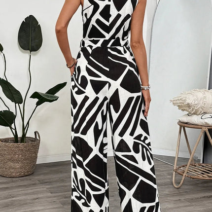 Printed Sleeveless Wide Leg Jumpsuit - MimiStylez