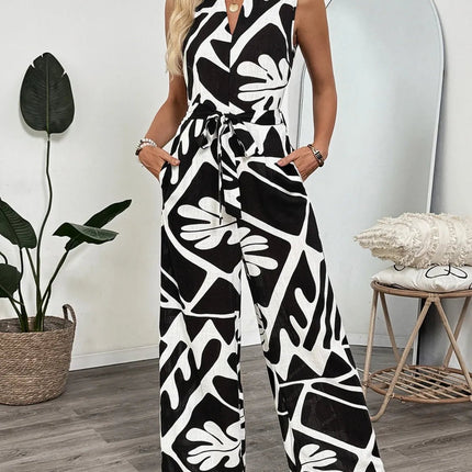 Printed Sleeveless Wide Leg Jumpsuit - MimiStylez