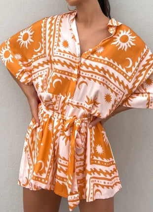Printed Tie Waist Romper - MimiStylez