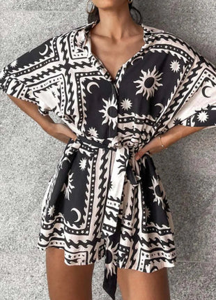 Printed Tie Waist Romper - MimiStylez