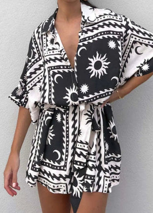 Printed Tie Waist Romper - MimiStylez