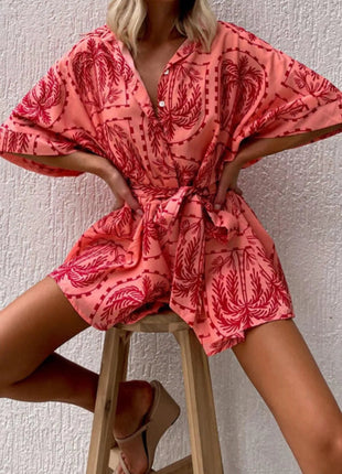 Printed Tie Waist Romper - MimiStylez