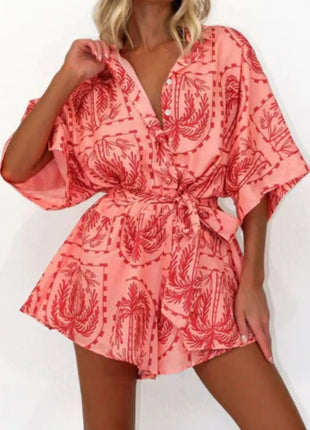 Printed Tie Waist Romper - MimiStylez