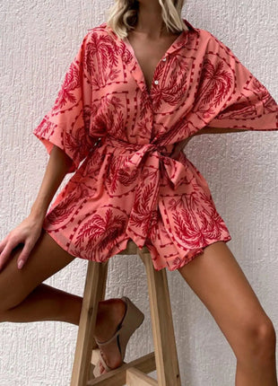 Printed Tie Waist Romper - MimiStylez
